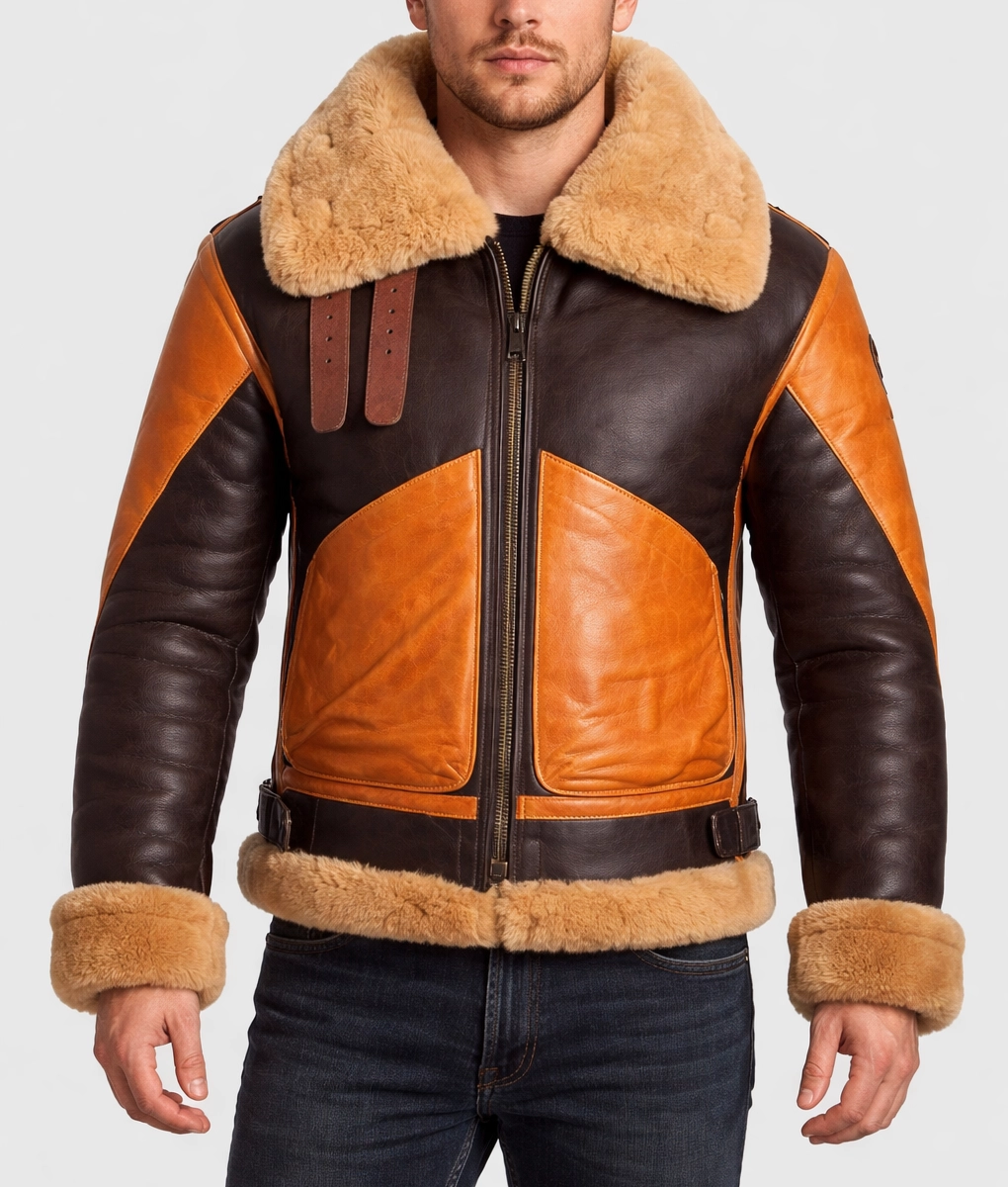 Men&rsquo;s Raf B3 Aviator Bomber Leather Jacket - Front View
