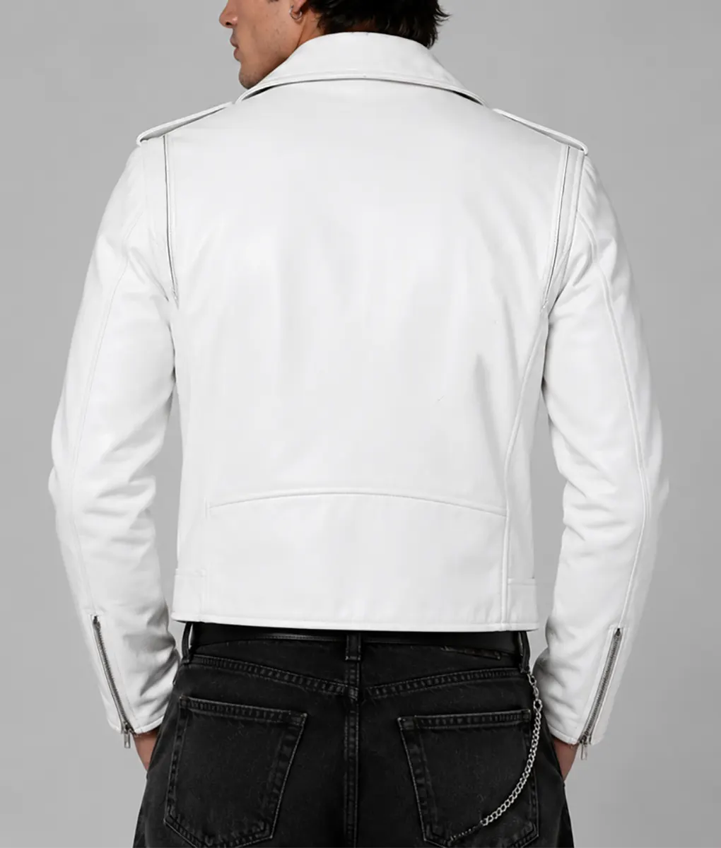 Mens White Leather Biker Jacket - Back