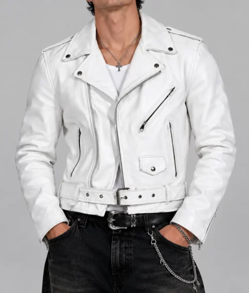Mens White Leather Biker Jacket - Front