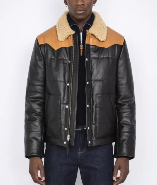 Men's Black Leather Puffer Aviator Jacket-3