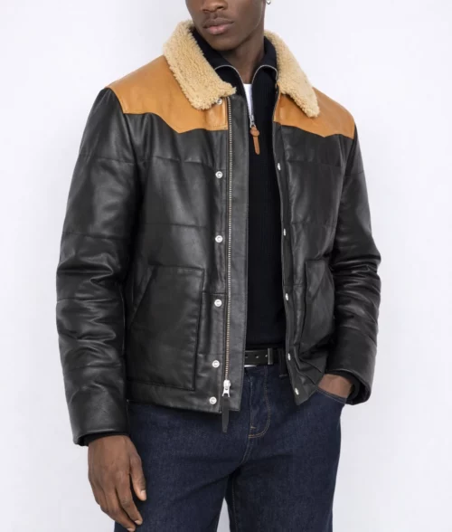 Men's Black Leather Puffer Aviator Jacket-4