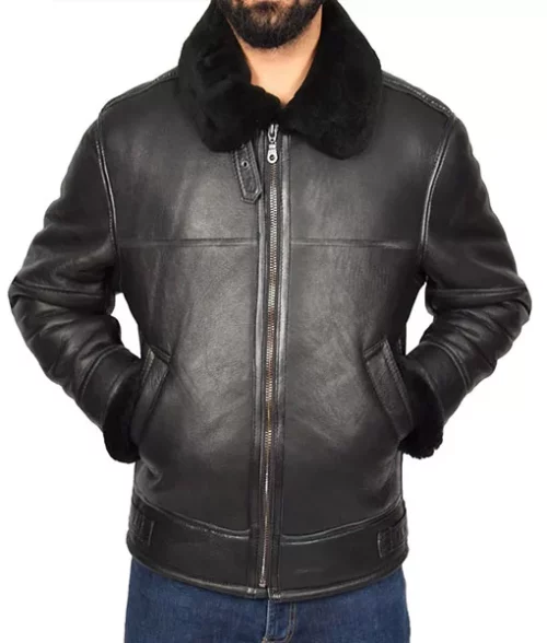 Men's Genuine Matte Black B3 Bomber Jacket | Faux Shearling Jacket