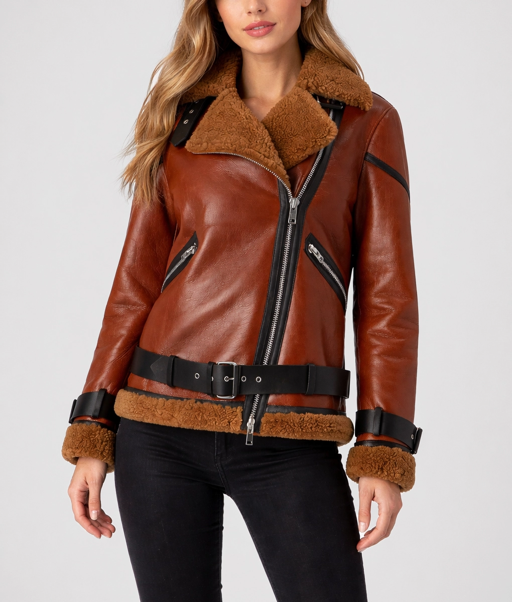 Blanche Rusty Brown Oversized Shearling Jacket - Front View