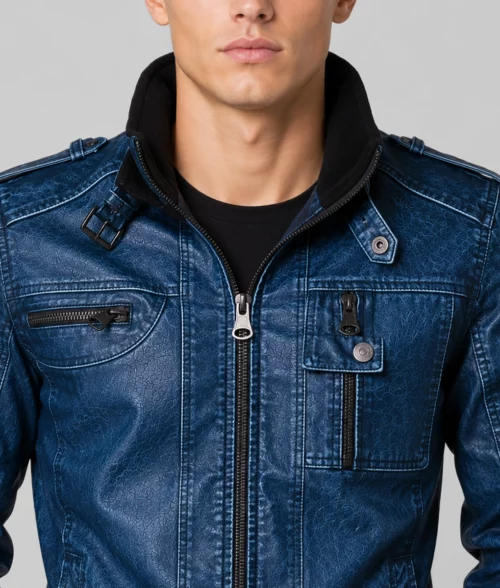 Butler Classic Blue Leather Jacket - Collar