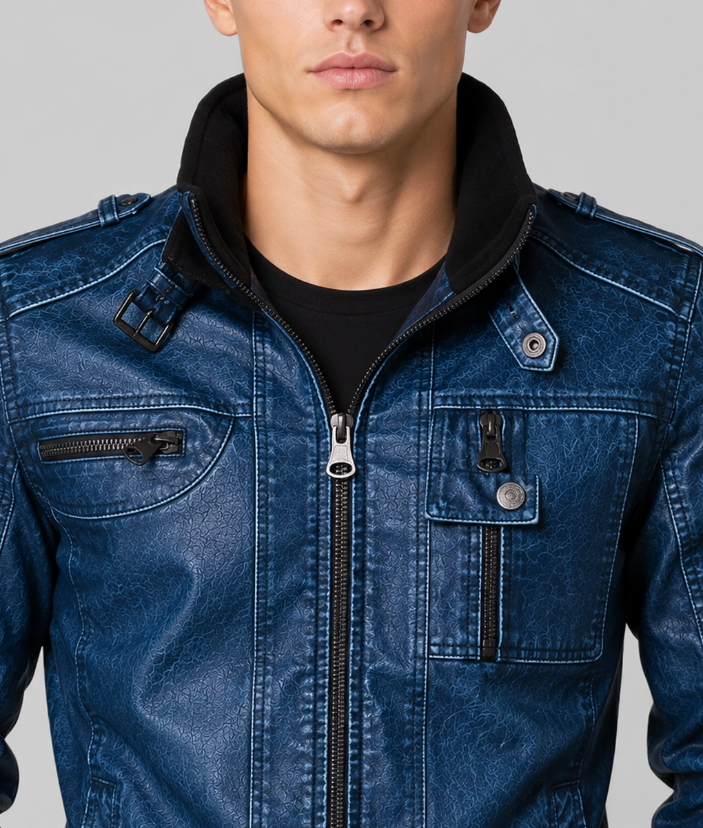 Butler Classic Blue Leather Jacket - Collar