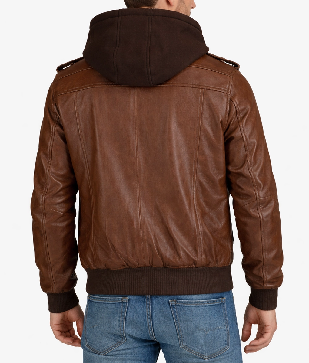 Cole Men&rsquo;s Brown Bomber Leather Jacket - Back