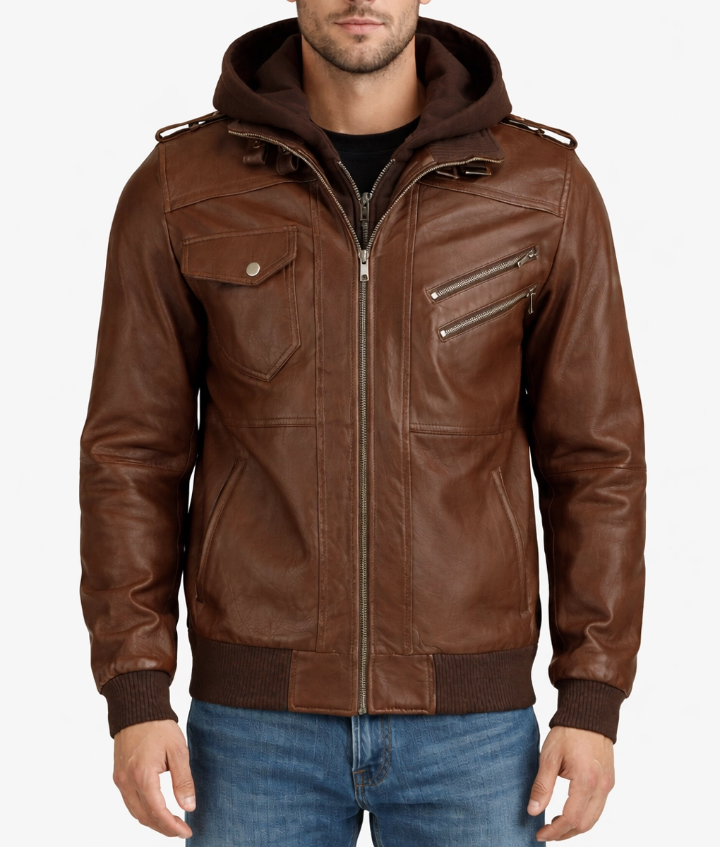 Cole Men’s Brown Bomber Leather Jacket - Front