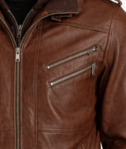 Cole Men&rsquo;s Brown Bomber Leather Jacket - Pocket