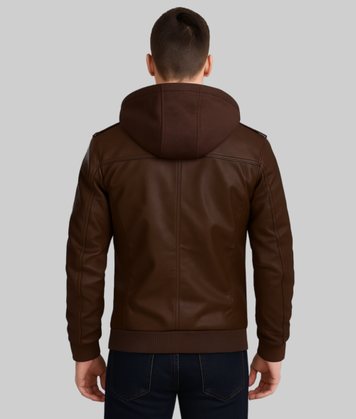 Cole Men’s Brown Removable Hood Bomber Leather Jacket-Back View