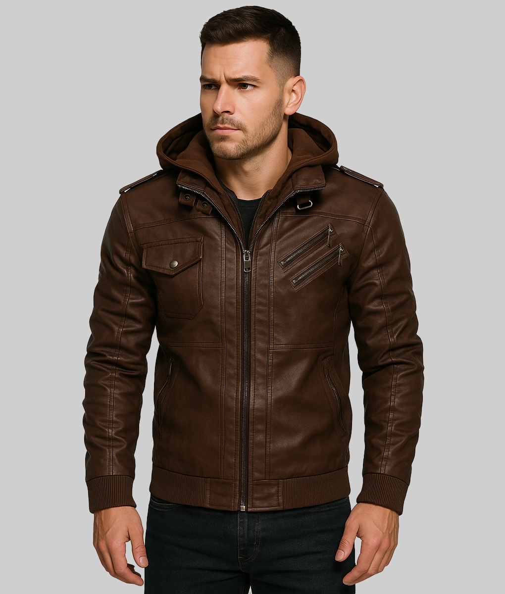 Cole Men’s Brown Removable Hood Bomber Leather Jacket-Front View