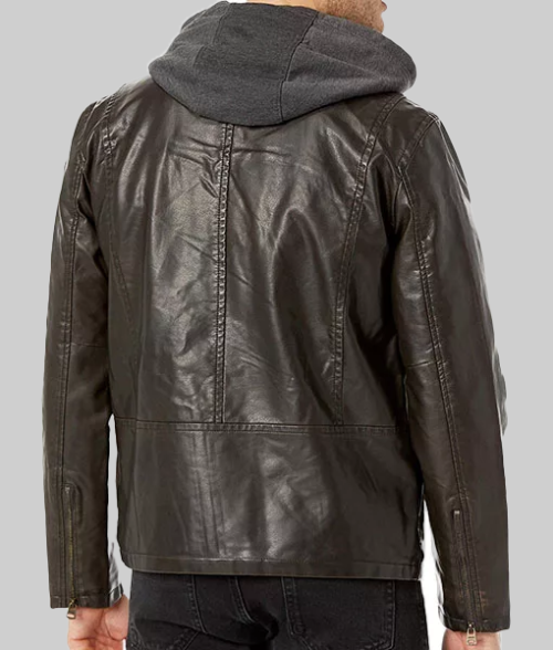 Edward Dark Brown Leather Jacket with Hood-BackView