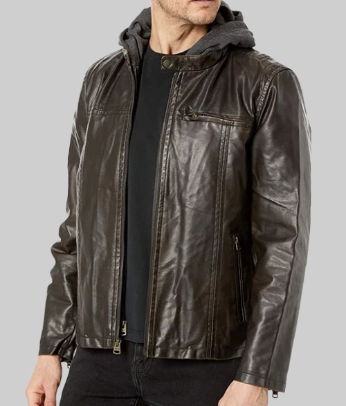 Edward Dark Brown Leather Jacket with Hood-FrontView