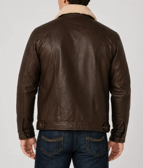 Men's Dark Brown Leather Trucker Jacket - Back