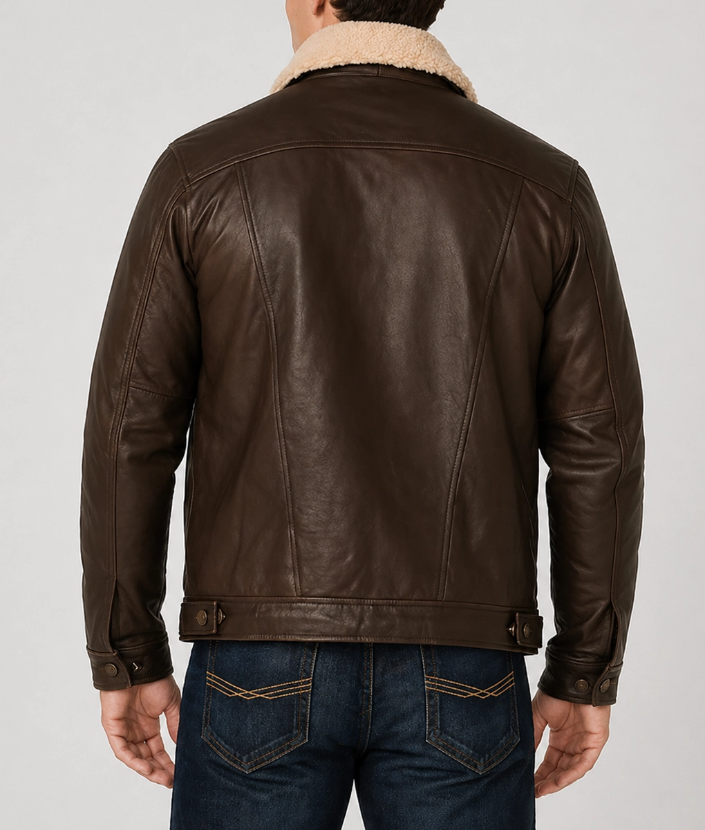 Men's Dark Brown Leather Trucker Jacket - Back