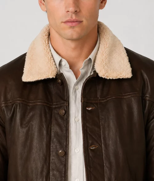 Men's Dark Brown Leather Trucker Jacket - Collar