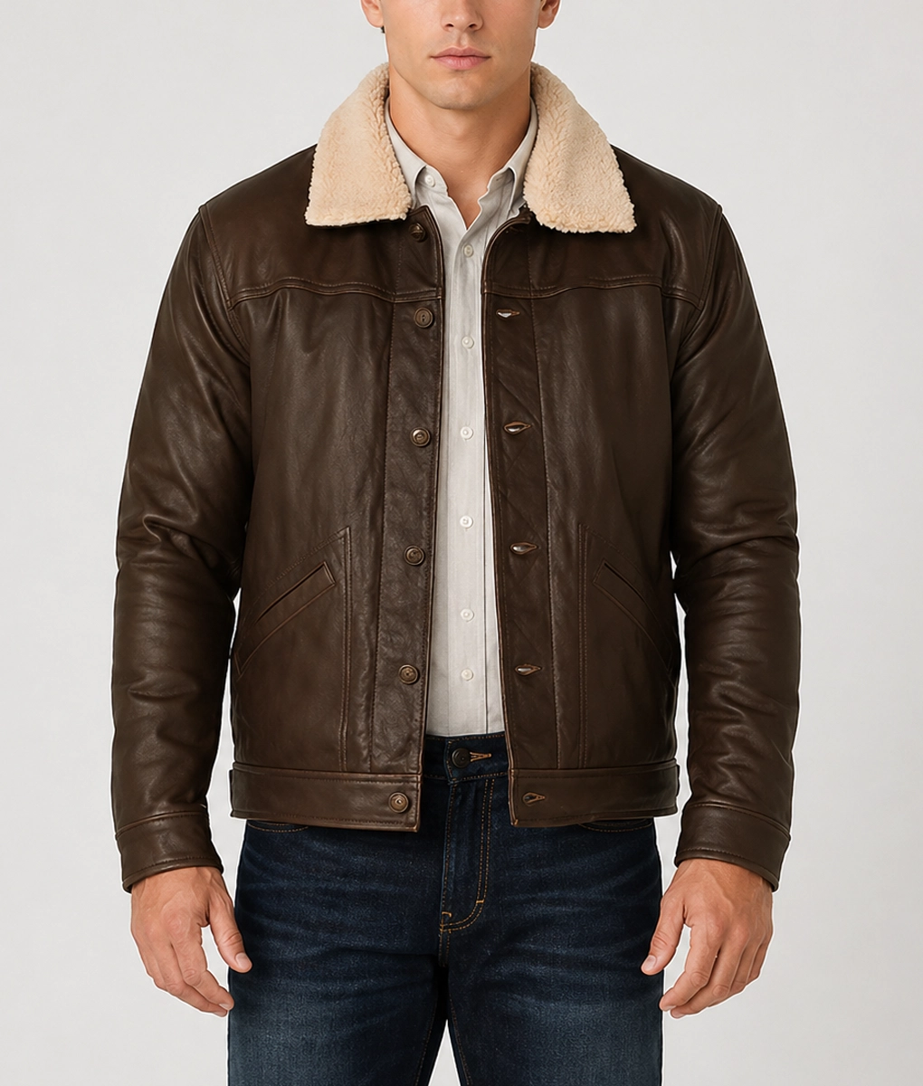 Men's Dark Brown Leather Trucker Jacket - Front