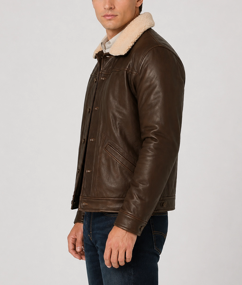 Men's Dark Brown Leather Trucker Jacket - Side