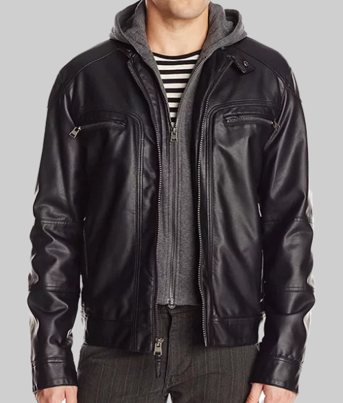 Men's Maxwell Black Hooded Biker Jacket-FrontView