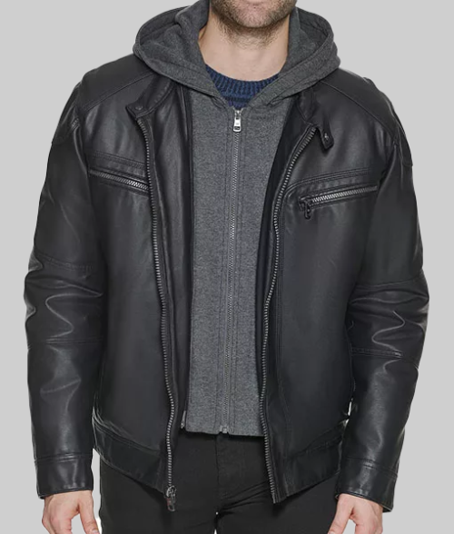 Men's Maxwell Black Hooded Biker Jacket-FrontView1