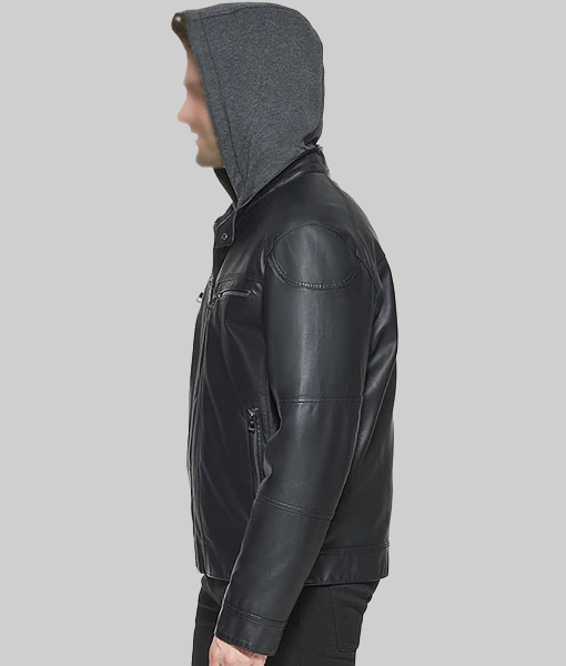 Men's Maxwell Black Hooded Biker Jacket-SideView1