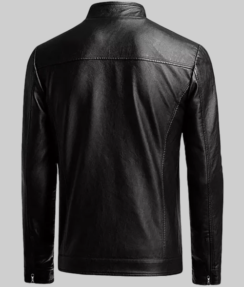 Mens Slim Black Leather Jacket-BackView