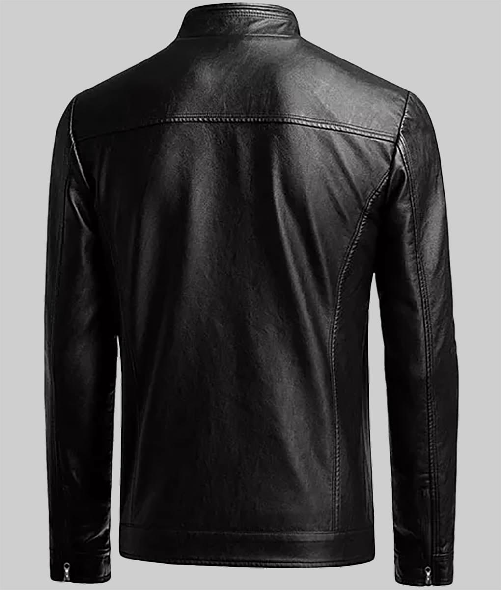 Mens Slim Black Leather Jacket-BackView