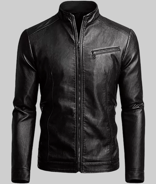 Mens Slim Black Leather Jacket-FrontView