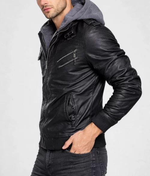 Ronald Black Leather Jacket with Hood | Men's Black Leather Jacket with Hood-2