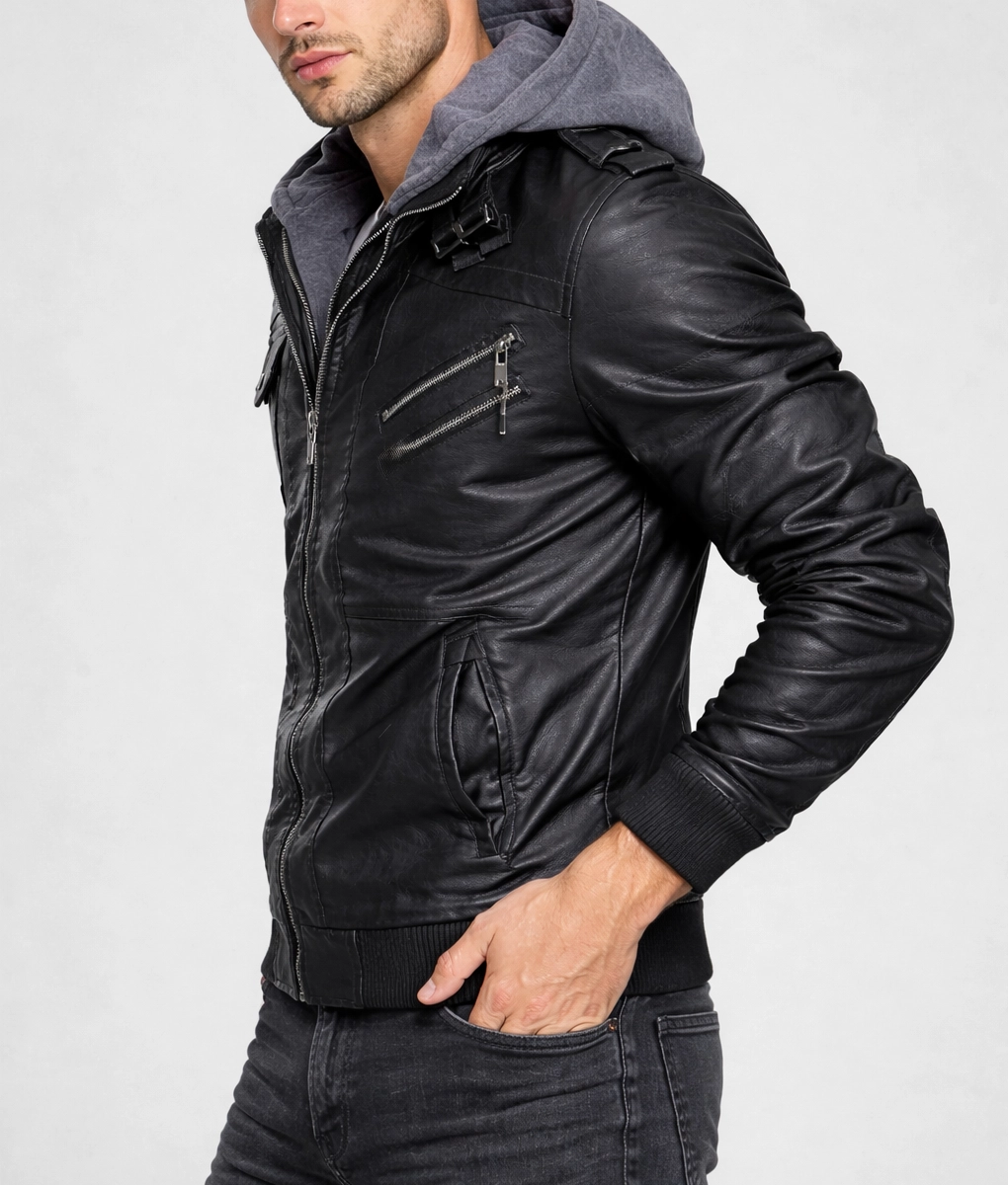 Ronald Black Leather Jacket with Hood | Men's Black Leather Jacket with Hood-2