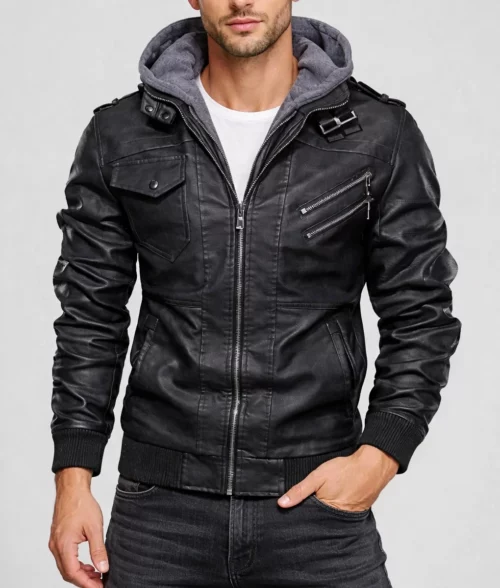 Ronald Black Leather Jacket with Hood | Men's Black Leather Jacket with Hood-3