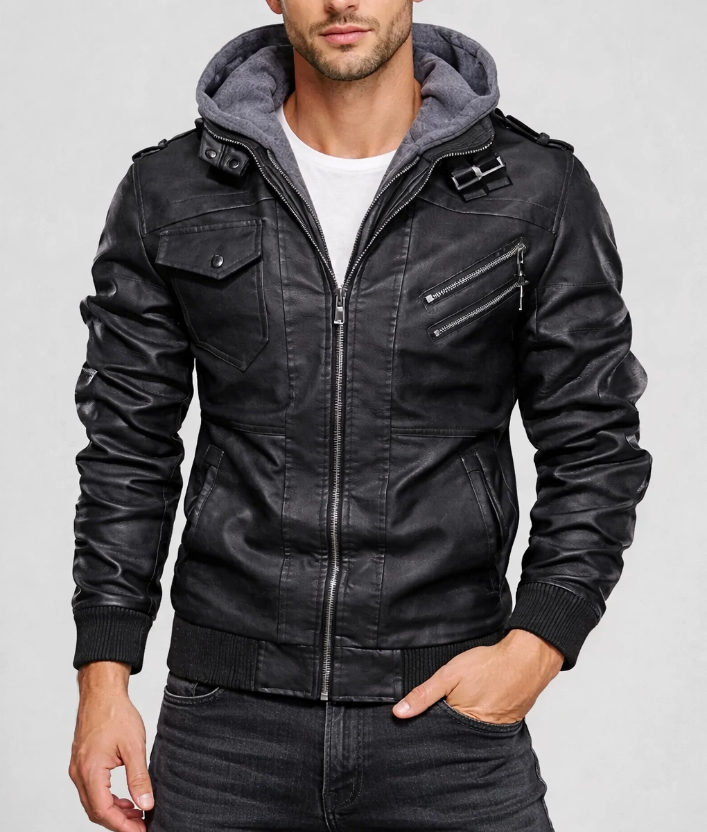 Ronald Black Leather Jacket with Hood | Men's Black Leather Jacket with Hood-3
