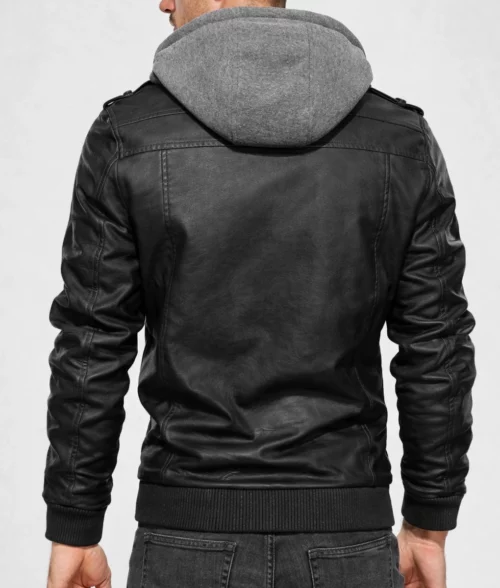 Ronald Black Leather Jacket with Hood | Men's Black Leather Jacket with Hood-4
