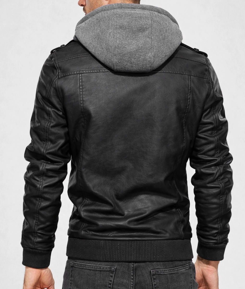 Ronald Black Leather Jacket with Hood | Men's Black Leather Jacket with Hood-4