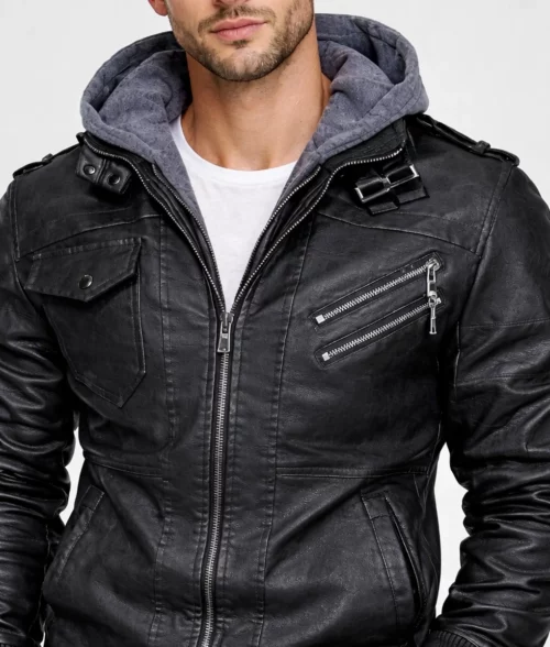 Ronald Black Leather Jacket with Hood | Men's Black Leather Jacket with Hood-5