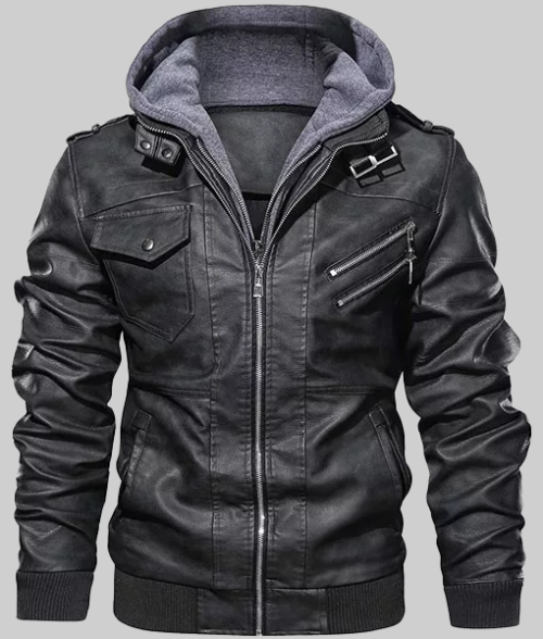 Ronald-Black-Leather-Jacket-with-Hood-FrontView