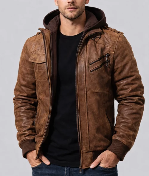 Ronald Brown Leather Jacket with Hood | Men's Brown Leather Jacke-4