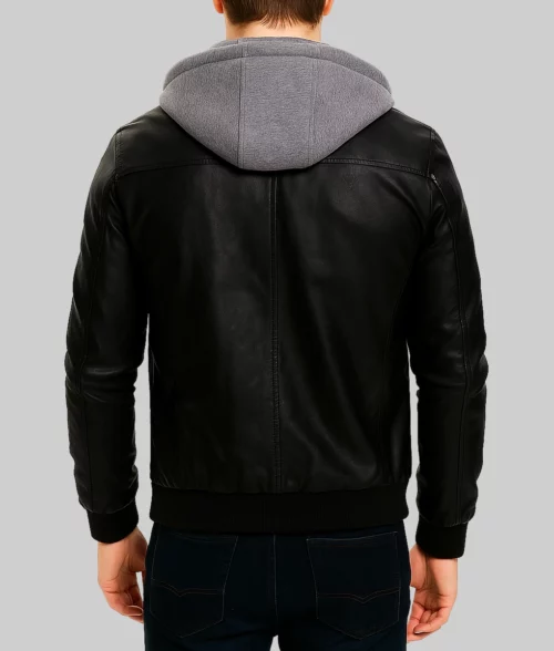 Ronald Classic Black Leather Jacket with Hood-Back View