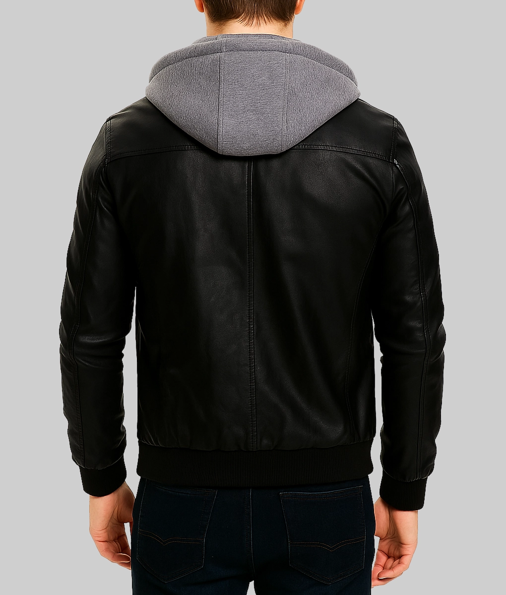 Ronald Classic Black Leather Jacket with Hood-Back View