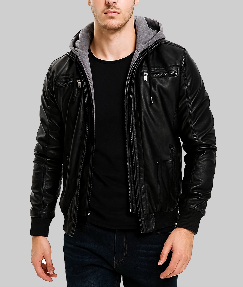Ronald Classic Black Leather Jacket with Hood-Front View