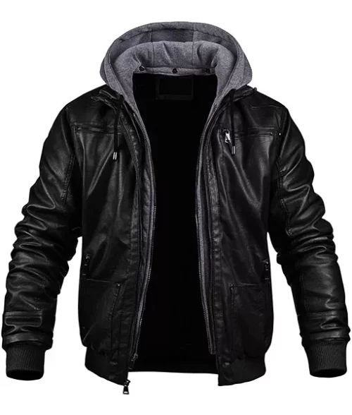Ronald Classic Black Leather Jacket with Hood | TLC