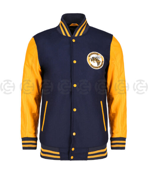 yellowjackets varsity jacket- Ella Yellow Jacket | Men's Denim Jacket With Leather Sleeves - Front View