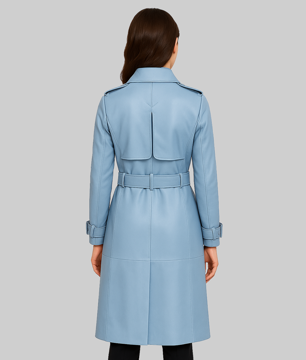 Aria Women's Blue Leather Trench Coat | The Leather City