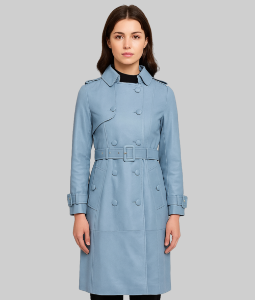 Aria Women's Blue Leather Trench Coat | The Leather City