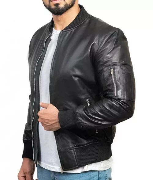 MA-1 Bomber Black Leather Jacket