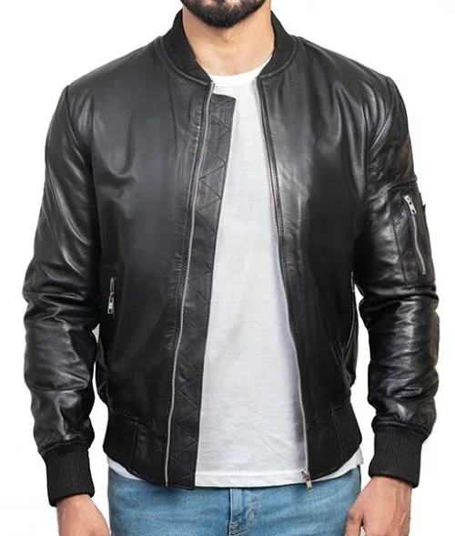 MA-1 Bomber Black Leather Jacket