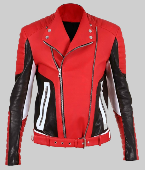 Men's Padded Red Leather Jacket-FrontView