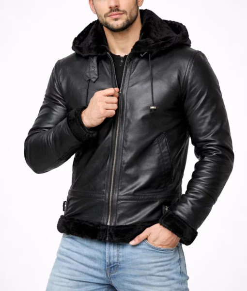 Men's Barboda Black Shearling Hooded Bomber Leather Jacket