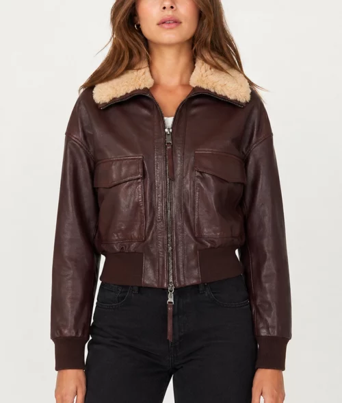 Burgundy Aviator Shearling Collar Jacket - Front