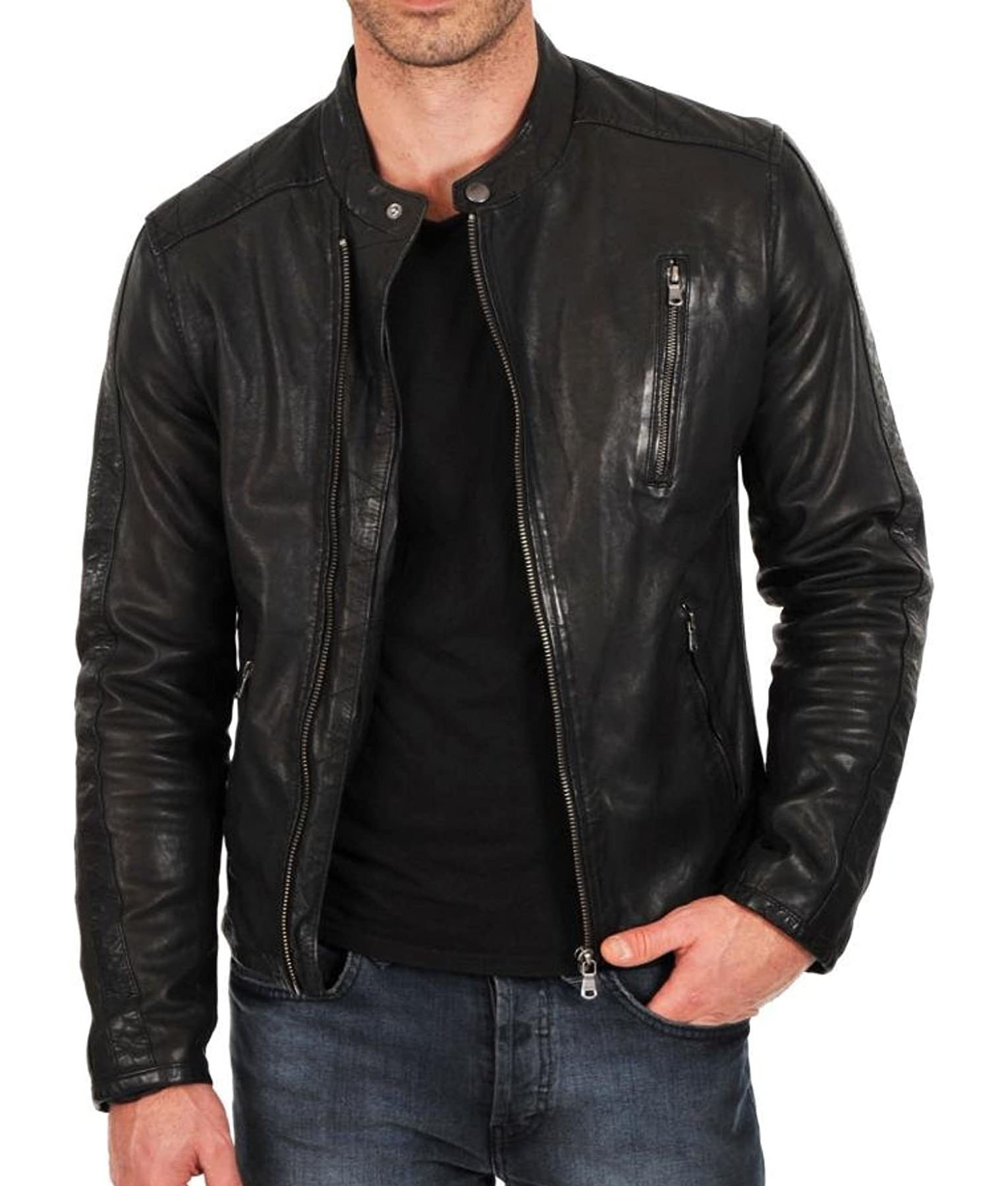 Men's Freddie Asymmetrical Black Cafe Racer Leather Jacket | TLC