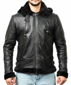 Black Fur Shearling Hooded Jacket